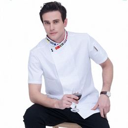 high Quality Black White M-4XL Wholesale Women Men Short-sleeve Oblique Embroidery Collar Kitchen Hotel Chef Jacket Bake Uniform Z9yQ#