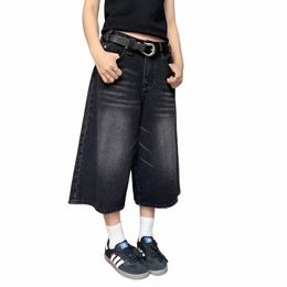 women Black Y2k Style Baggy Denim Shorts Wide Leg Short Pants Fi High Waisted Dark W Knee Length Jeans Female Casual d3ot#