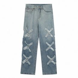 streetwear Oversized Straight Pants Jeans For Men Gradient Ripped Hole Cross Patchwork Pants Summer Retro Unisex Denim Trousers w1x3#