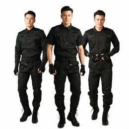 autumn Uniform Clothing Outdoor Sleeve Summer Guard Army Military Workshop Short Black Tactical Training Security Lg F1Yt#