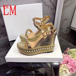 Luxury designer Chris Loubo Pyradiams Studded Cork Wedge Sandals Silver Red soled shoes Heel 6CM 12CM With Box