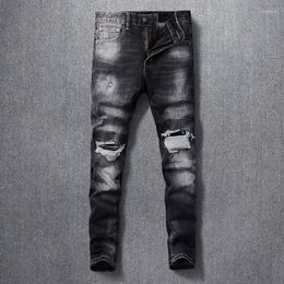 Men's Jeans Latest Fashion Vintage Black Grey Elastic Slim Fit Split Patch Designer Hip Hop