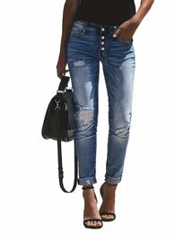 blue Ripped Holes Denim Jeans, Slim Fit Single-Breasted Butt High-Stretch Casual Denim Pants, Women's Denim Jeans N0N6#