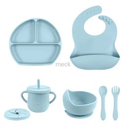 Cups Dishes Utensils 5PCS Silicone Dishes For Baby Feeding Set Sucker Bowl Plate Cup Bibs Spoon Fork Baby Items Safe Dining Plate Children Tableware 240329