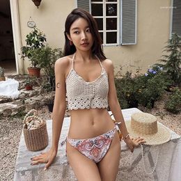 Women's Swimwear Korean Two-Piece Bikini Women Sexy Knitted Top With Print Low Waisted Pants Hanging Neck Hollow Out Swimsuit Beach Suit