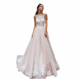 i OD Boho O-Neck A-Line Wedding Dr Beading Sleeves Lace Appliques Illusi Tulle Bridal Gown Sweep Train Vestidos De Novia Q9jU#
