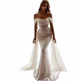 perfect Glitter Mermaid Tulle Wedding Dres Detachable Sweep Train Off The Shoulder Pleat Zipper Up Bridal Gown For Women 2024 e135#