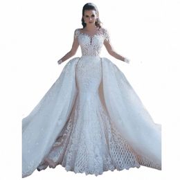 mermaid Women's Lace Wedding Dres Detachable Lace Applique Lg Sleeve Elegant Sweetheart Sexy Backl Princ Bride Gowns U32s#