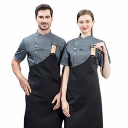 short Sleeve Chef Uniform Men Women Restaurant Waiter Clothes Kitchen Cook Jacket and Apr u85v#