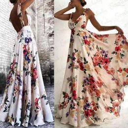 Casual Dresses Elegant Fashion Strap Sleeveless V Neck High Waist Halter Floor Length Dress Women Summer Floral Print Corset Party