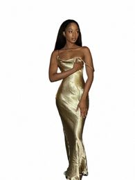 elegant Satin Backl Maxi Dr For Women Gown Summer Spaghetti Strap Sleevel Night Club Party Lg Dr Vestido U5rG#