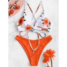 Women's Swimwear Sexy Two Pieces Bikini Swimsuits Floral Print High Waisted Tummy Control 2 Piece Beach Bathing Suits Female