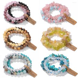 Strand 3pcs Natural Stone Bracelets Pink Quartzs Citrines Amethysts Turquois Round Gravel Shape Chip Beads Bracelet Set For Women Men