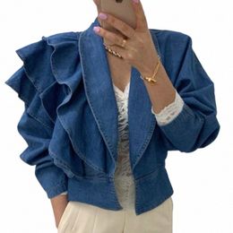 neploe Fall 2023 Women Clothing Cropped Denim Jacket Vintage Turn-down Collar Puff Sleeve Ruffles Crop Tops Korean Jean Coat R2K4#