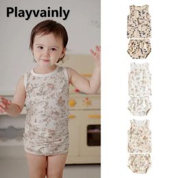 Summer Baby Boy Girl Pyjamas Set Balloon Garden Print Oneck Sleeveless VestTriangle Shorts Infant Home Wear Nightgown E23215 240325