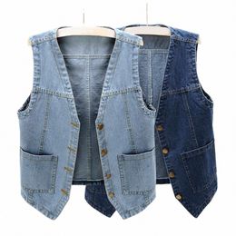 plus Size Women Denim Vest 2023 New Jeans Jacket Korean Style Sleevel Waistcoats Streetwear Single-Breasted Vests Outerwear Z1wV#