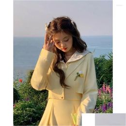 Work Dresses Sweet College Pleated Dress Coat Two Piece Set Women Fashion Embroidery Single Breasted Korean Gentle Spring Slim Chic Dr Otfoz