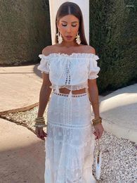 Work Dresses Elegant Solid Lace Patchwork Long Skirt Suits Women Sexy Off Shoulder Ruffle Cropped Tops 2 Piece Sets Chic Vocation Streetwear