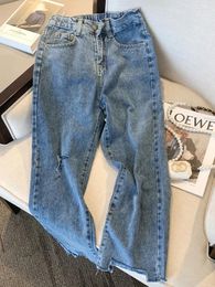 Women's Jeans Oiinaa Blue Ripped Women Y2k High Waisted Wide Leg Comfortable Streetwear Tassel Korean Straight Trousers