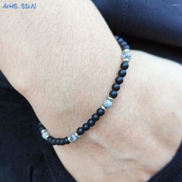 Strand MHS.SUN Charm Gray Map Stone 4MM Natural Black Beads Bracelet Stainless Steel Healing Energy Elastic For Men Women Jewelry