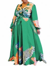 vonda Plus Size Women Dr 2024 Autumn Vintage Printed V-Neck Casual Sundr Lg Lantern Sleeve Belted Bohemian Robe x6Ny#