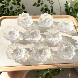 Mini Natural Clear Quartz Lotus Flower Crystal Carving Beautiful White Crystal Sphere Stands Home Decor Meditation Gift