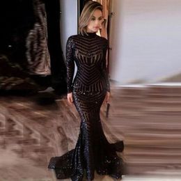 Sexy Black Shining Sequins Long Sleeves Mermaid Evening Dresses Zipper Back Sweep Train Prom Gowns Pageant Dress Dress Custom Made302z