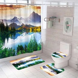 Shower Curtains Landscape Painting Curtain Set With Rugs Scenic Fabric Liner Tree Carpet Polyester Toilet Rug Bath