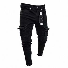 mens Stretch Jeans Black Big Side Pockets Cargo Jeans Fi Zipper Small Foot Denim Pants Elastic Jogging Trousers Streetwear k70q#