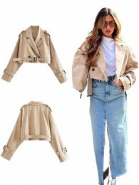 zbza Women's Fi Belt Embellished Short Trench Coat Lg Sleeve Frt Butt High Street Jacket Khaki Twill Slim Fit Jacket M70l#