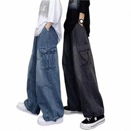 spring And Autumn Vintage Wide Leg Big Pocket Overalls Men Y2K Neutral Loose Straight Leg Casual High Street Hip Hop Jeans T8jR#