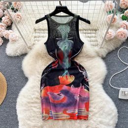 Casual Dresses See Through Mesh Printed Dress For Women Summer Sexy O Neck Sleeveless Slim Fit Stretch Bodycon Club Night Out Mini Tank