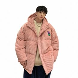 men New Warm Jacket Trend Persality Bear Embroidery Solid Color Corduroy Thickened Hooded Zipper Casual Fi Cott Coat i5Ul#