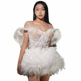 beautiful Angel White Wings Sleevel Short Dr Evening Women Dance Show Outfit Sexy Birthday Celebrate Backl Dr N4Xz#