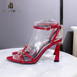 Sandals Red Black Shiny Women Summer High Heel Sandal Shoe Narrow Band Ankle Buckle Strap Wedding Party Sandalias Holiday Beach