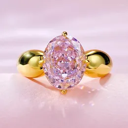 Cluster Rings 18K Gold Plated 925 Sterling Silver Sparkling Crushed Cut 4CT Pink Oval Citrine Gemstone Wedding Ring For Women Jewelry