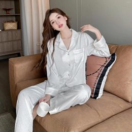 Home Clothing Sexy V-Neck Pajamas Suit Women's Clothes Nightwear Silk Stain 2Pcs Loungewear Summer Sleepwear Long Sleeve Shirt&pants