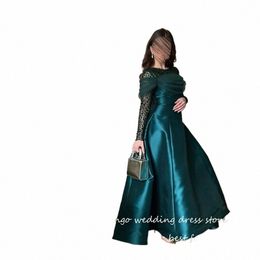 verngo 2023 Dark Green Satin Saudi Arabic Women Evening Dres Glitter Lg Sleeves Jewel Neck Vintage Formal Prom Gowns v1WP#