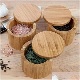 Storage Bottles Jars Bamboo Seasonings Box With Lid Pepper Spice Cellars Salt Sugar Container Case For Kitchen Pot Round Jar Drop Deli Otpmt