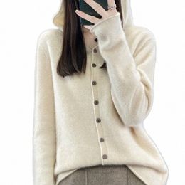 autumn Winter New 100% Pure Wool Knitted Cardigan Women's Hoodie Loose Relaxed Sweater Solid Color Wool Slim Versatile Underlay 51qP#