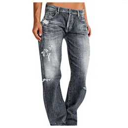 Women's Jeans Summer Button Denim Pocket Leak Trousers Fashionable Casual Soft Versatile Daily Wide Leg Pants