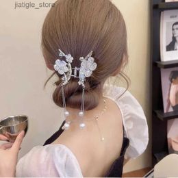 Hair Clips New Vintage Rhinestone Flower Tassel Hair Claws Pearls Butterfly Hair Clips Crab Clamp Refined Ponytail WOMAN HAIR CLIP Headwear Y240329