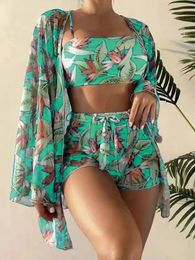 Women's Swimwear Bandeau Bikini Push Up Bikinis Women Printed Three Piece Swimsuit With Mesh Cover High Waisted Bathing Suit Summer Beach