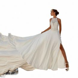 beach Satin Wedding Dres Halter Neck Lace Appliques Sexy Slit Elegant Wedding Bridal Gowns Plus Size 89fA#