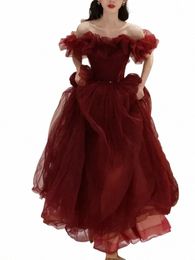 a Word Shoulder Fairy Red Boat Neck Evening Dres Elegant Slim Waist Lg Temperament Prom Robe Niche Wedding Party Dr U3It#