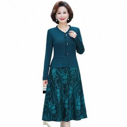 women's Dr Plus Size Autumn Middle-Aged Mother Lg sleeve V-neck seedge Pleated Elegant office Ladies Vestido 4210#