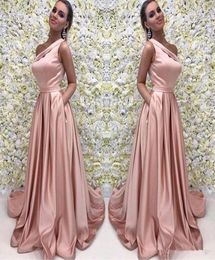 Rose Gold Long Prom Dress Elegant One Shoulder Sleeveless A Line Floor Length Satin Evening Dresses Bridesmaid Formal Gown With Po2055016