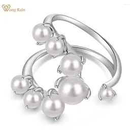 Cluster Rings Wong Rain Elegant 925 Sterling Silver 6MM Pearl Gemstone Open Ring For Women Wedding Party Fine Jewellery Gifts Wholesale