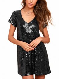 women Glitter Sequin Babydoll Dr Shiny Short Party Black/Champagne Casual Loose Sparkly T Shirt Dres Bling Mini Club Wear S6u3#
