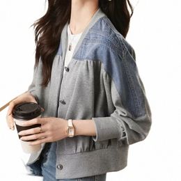 small Female Jeans Coat Short Crop Women's Denim Jackets Outerwears Grey Patchwork Bomber Spring Autumn 2023 Fi Designer K1zl#